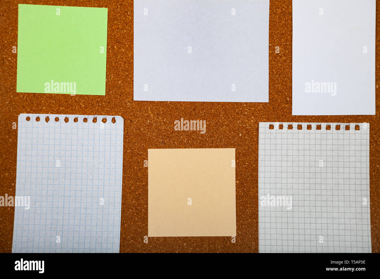 Corkboard with notes. Colored paper on corkboard. Stock Photo