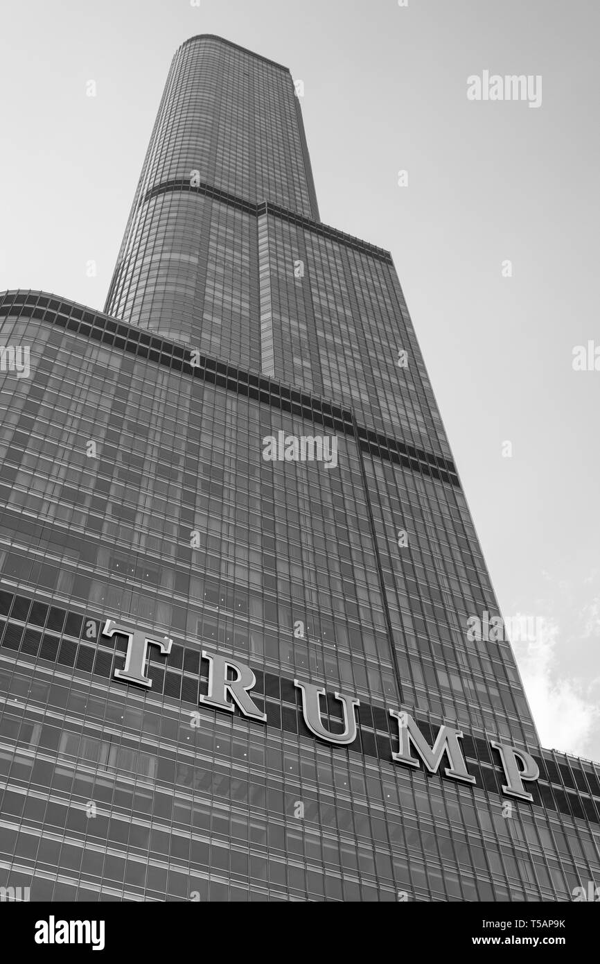 Trump International Hotel and Tower in Downtown Chicago in Black and White Stock Photo
