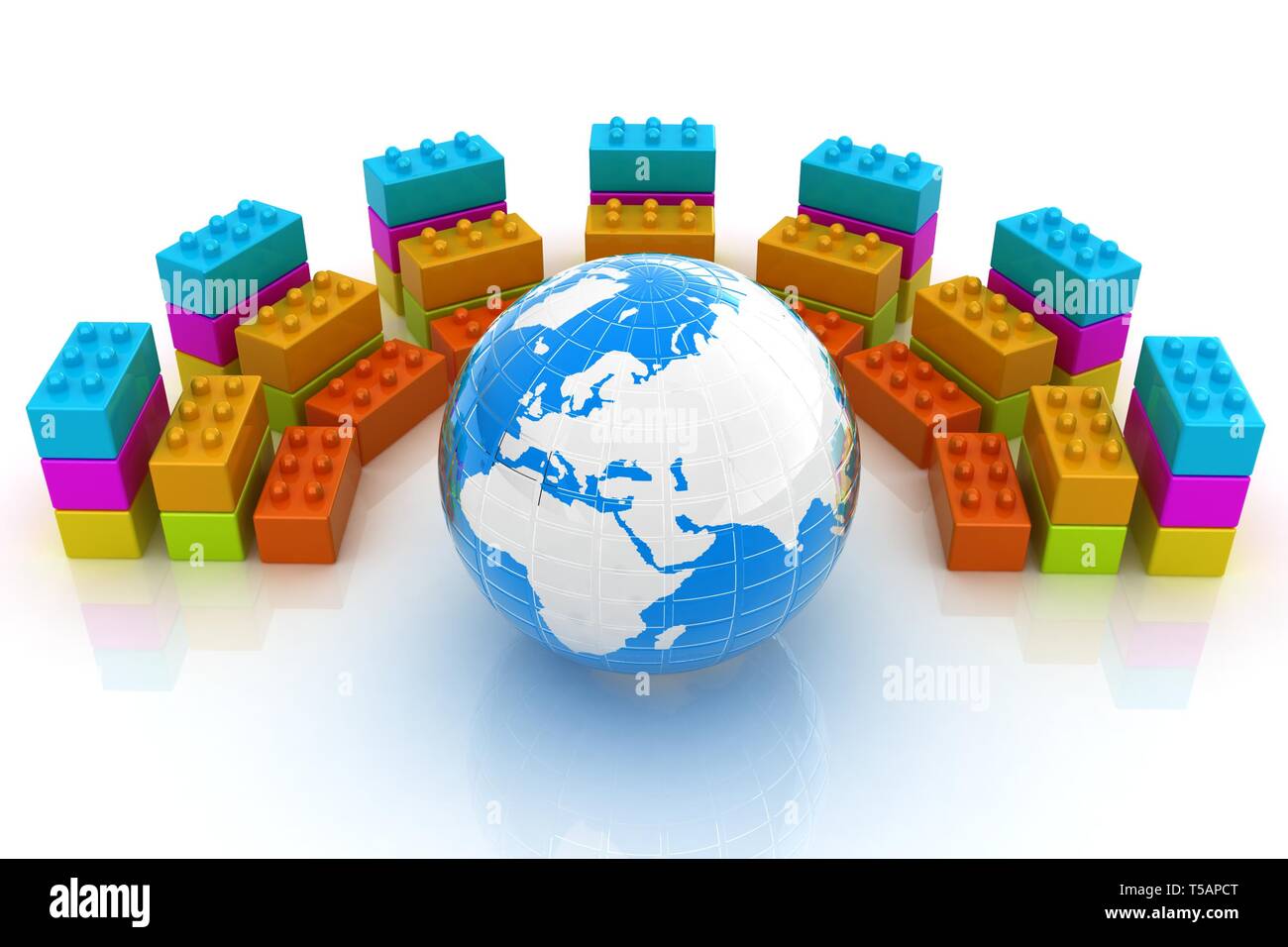 Building blocks efficiency concept on white. Globall with earth Stock