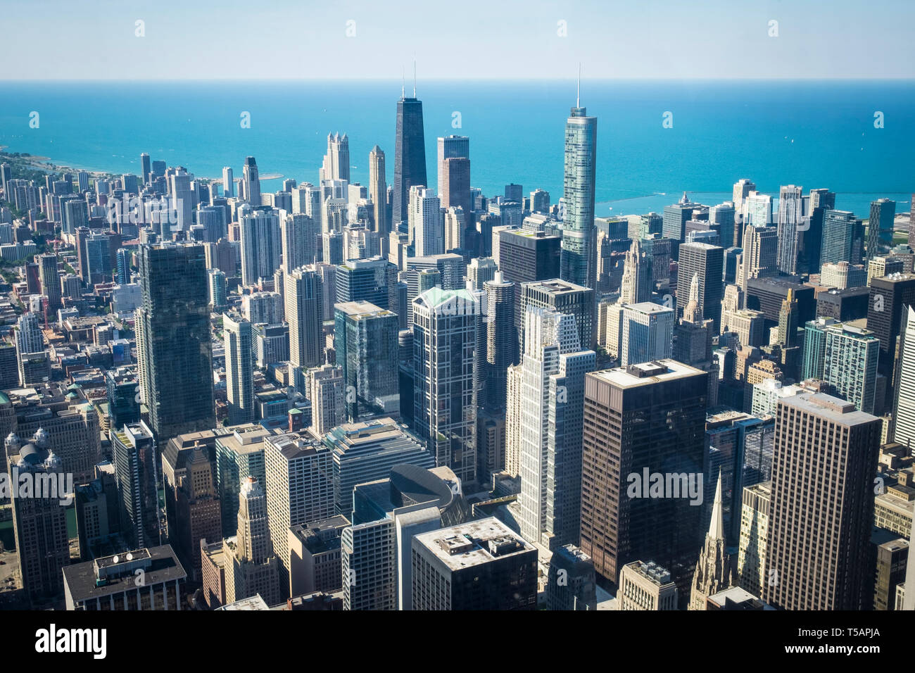 Outstanding bird eye view of Downtown Chicago from the Skydeck at iconic Willis Tower 103rd floor Stock Photo