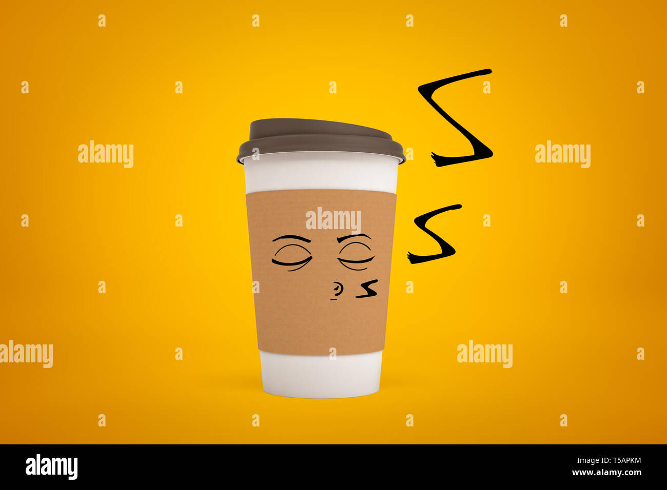 3d rendering of coffee paper cup with cartoon smiley face on yellow ...