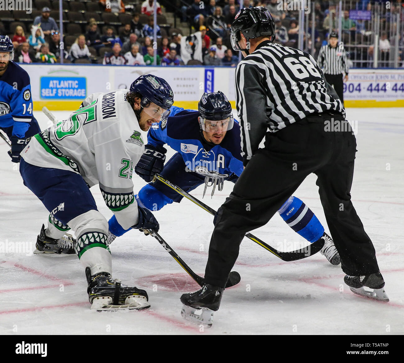 Florida Everblades forward John McCarron (25), left, and Jacksonville Icemen forward Kris Newbury (11) faceoff during the first period of an ECHL professional hockey playoff game at Veterans Memorial Arena in Jacksonville, Fla., Saturday, April 20, 2019. (Gary Lloyd McCullough/Cal Sport Media) Stock Photo