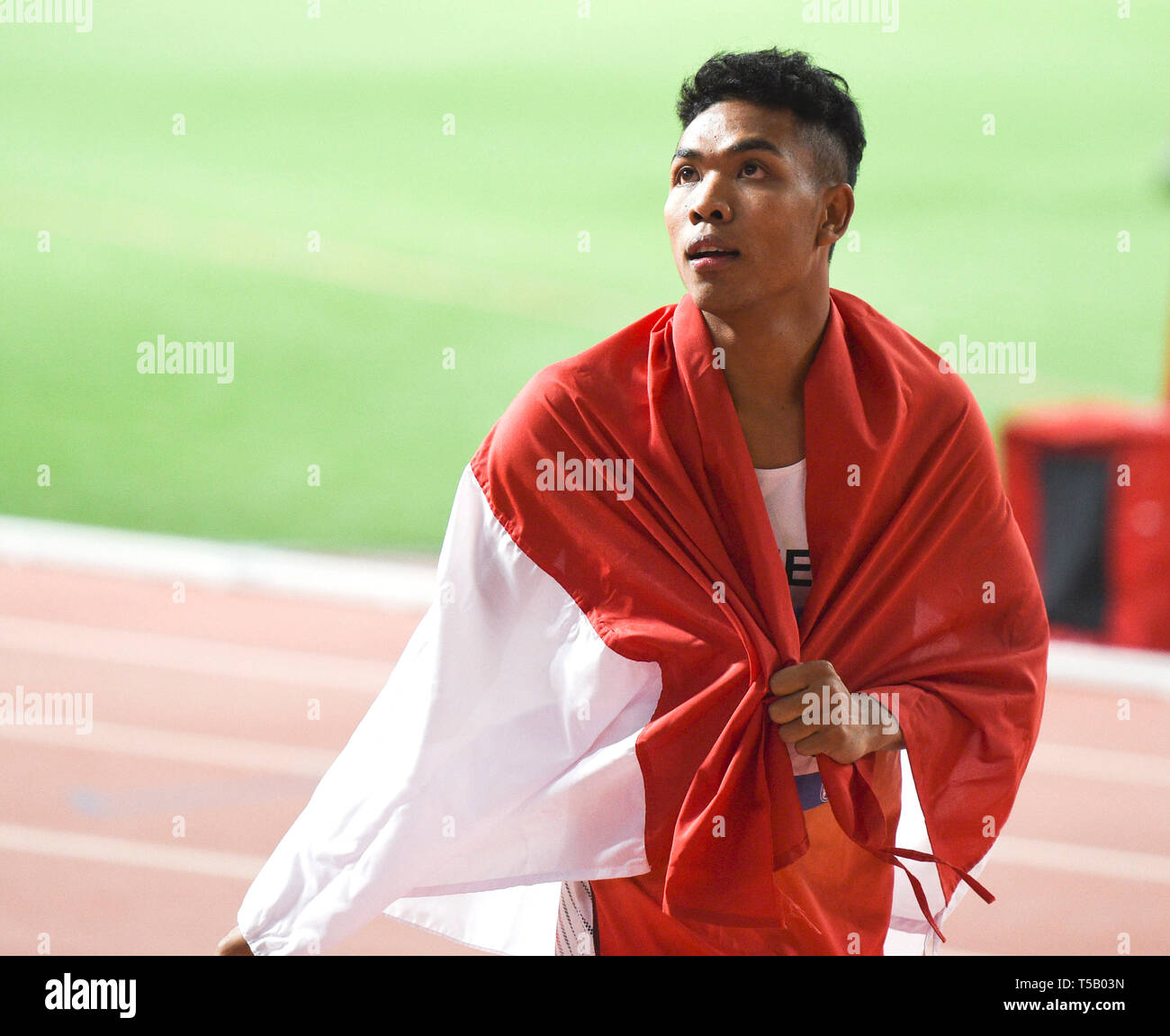 Doha Qatar 22nd Apr 2019 Lalu Muhammad Zohri Of Indonesia Reacts After The Men S 100m Final At 23rd Asian Athletics Championships At Khalifa International Stadium In Doha Capital Of Qatar April 22<script async src=