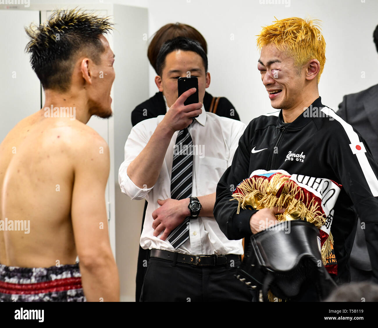 Tokyo Japan 18th Apr 2019 L R Yuta Saito Hayato Kimura JPN Tokyo Japan 18th Apr 2019 L R Yuta Saito Hayato Kimura Jpn Boxing Hayato Kimura Of Japan Visits Opponent Yuta Saito Of Japan In His Dressing Room After Their Japanese Title Bout At Korakuen Hall In Tokyo Japan Credit Hiroaki Live News T5B119 