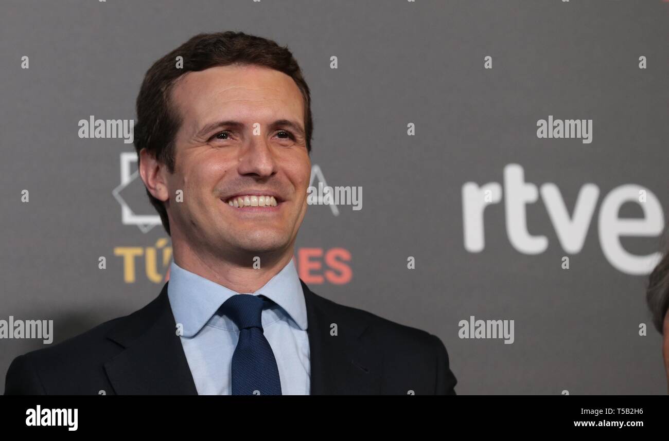 Madrid, Spain; 22/04/2019. Electoral debate of the four main candidates for the presidency of Spain next 28 abril ((28A). Pablo Casado Popular Party (PP) arrival at the Spanish Television studios (RTVE) Photo: Juan Carlos Rojas/Picture Alliance | usage worldwide Stock Photo