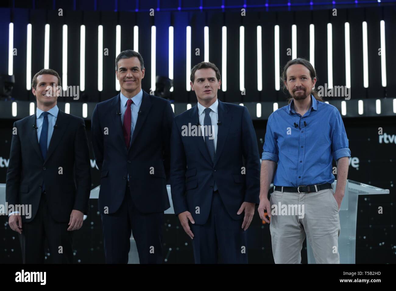 Madrid, Spain; 22/04/2019. Electoral debate of the four main candidates for the presidency of Spain next 28 abril ((28A).  Pablo Casado (PP), Pedro Sánchez (Psoe), Albert Rivera (CDs) and Pablo Iglesias (Podemos)   Photo: Juan Carlos Rojas/Picture Alliance | usage worldwide Stock Photo
