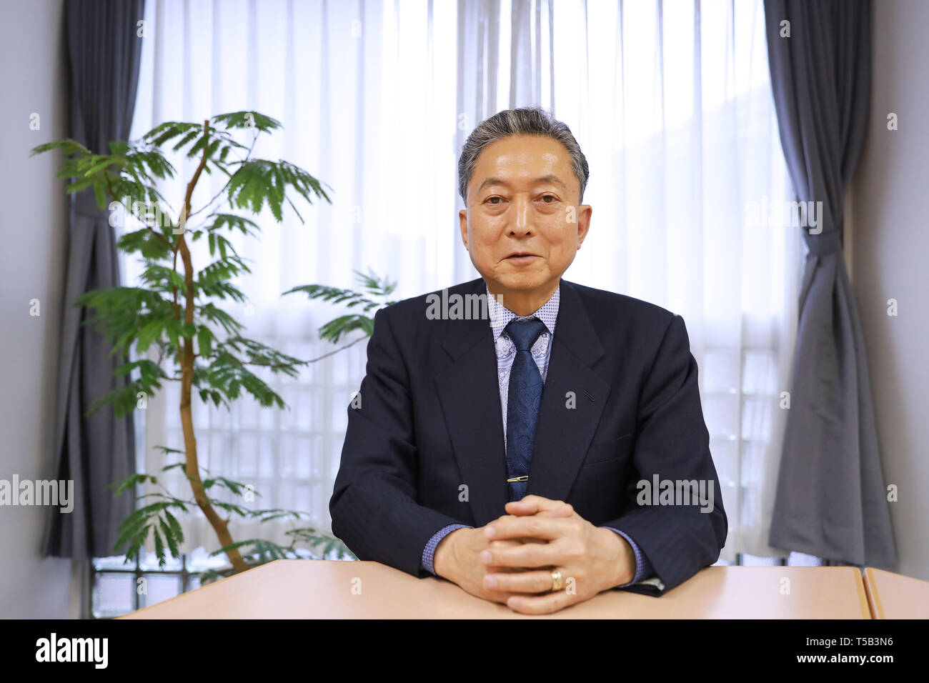 (190423) -- TOKYO, April 23, 2019 (Xinhua) -- Former Japanese Prime Minister Yukio Hatoyama is seen in Tokyo, Japan, March 4, 2019. China-proposed Belt and Road Initiative (BRI) has greatly helped enhance regional peace and prosperity, Yukio Hatoyama has said in an exclusive interview with Xinhua. Hatoyama is expected to attend the second Belt and Road Forum for International Cooperation (BRF), to be held in Beijing, capital of China, on April 25-27, with the theme of Belt and Road Cooperation, Shaping a Brighter Shared Future. (Xinhua/Du Xiaoyi) Stock Photo