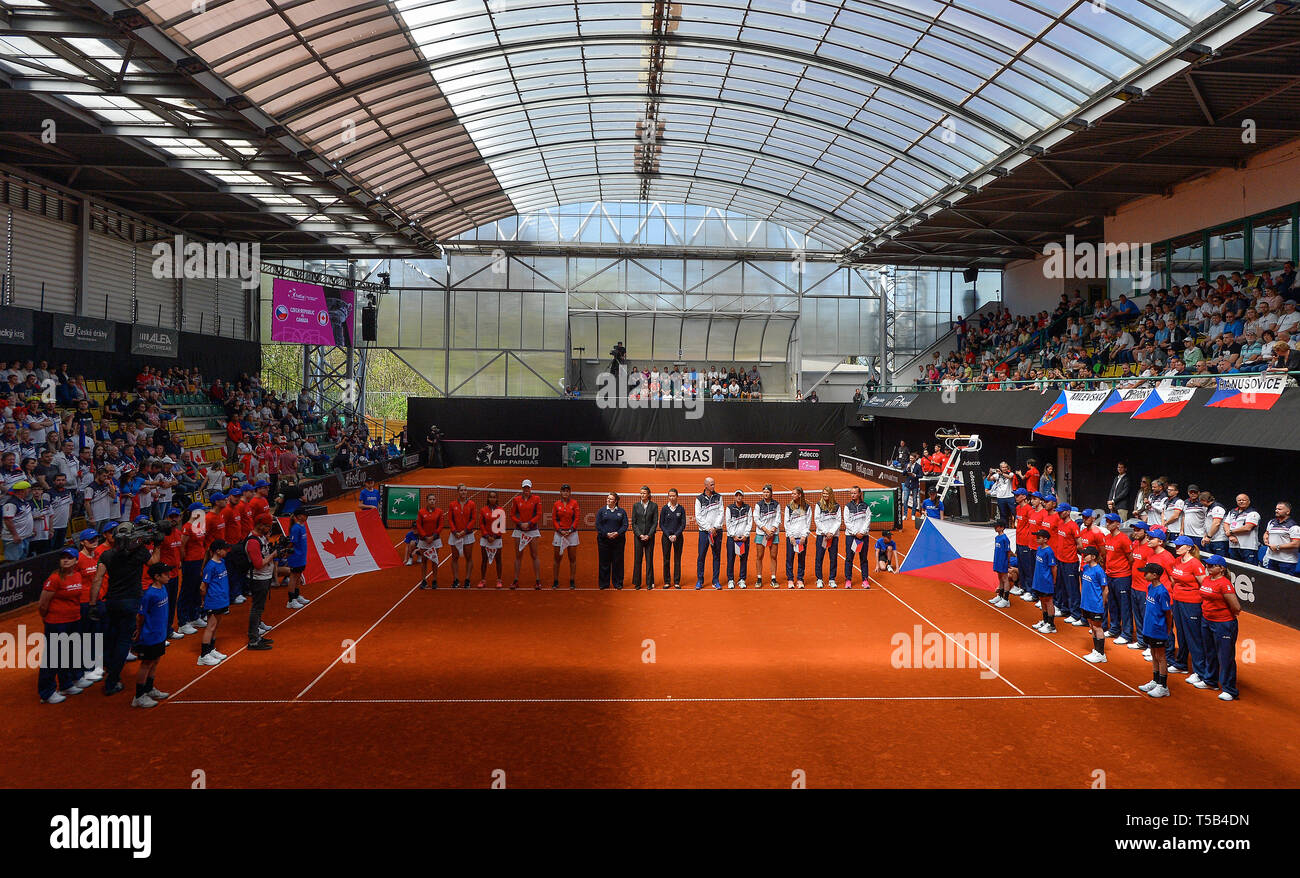 Prostejov, Czech Republic. 20th Apr, 2019. The teams line up prior to the Fed  Cup match between Czech Republic and Canada, in Prostejov, Czech Republic,  on April 20, 2019. Credit: Lubos Pavlicek/CTK