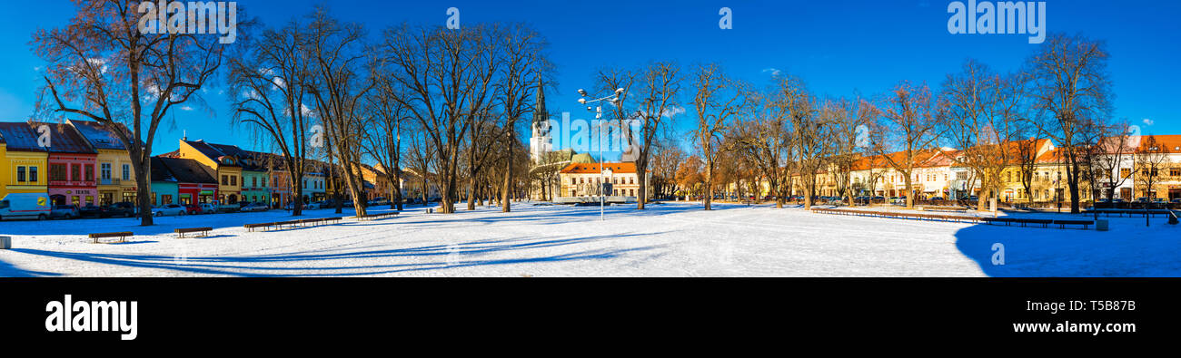 SPISSKA NOVA VES - Jan, 2019 - Historic city center of Spisska Nova Ves covered by snow on Christmas time. Stock Photo