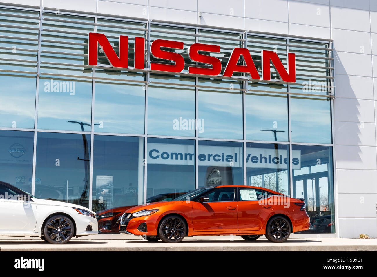 Fishers Circa April 2019 New vehicles at a Nissan Car and SUV