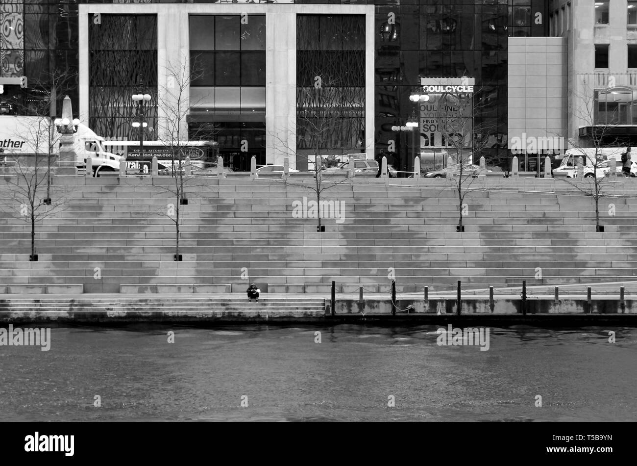 The new Chicago Riverwalk along the Chicago River in the Loop, in Chicago, IL Stock Photo