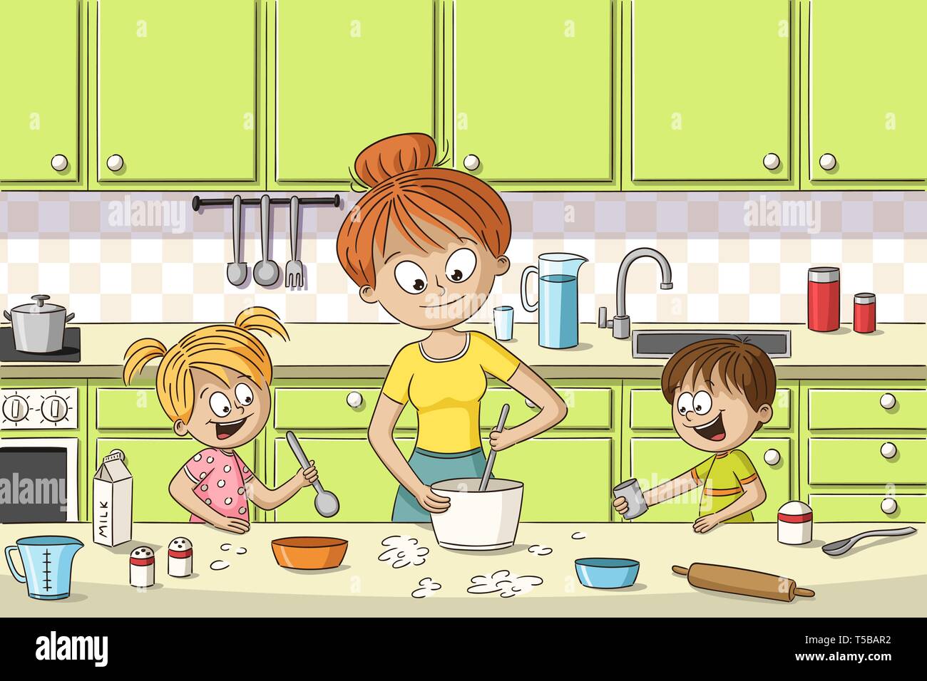 https://c8.alamy.com/comp/T5BAR2/mother-is-cooking-with-her-two-children-hand-drawn-vector-illustration-T5BAR2.jpg