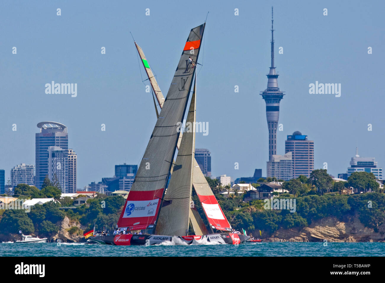 All4one crosses in front of Mascalzone Latino Audi Team during round robin 1 of the Louis Vuitton Trophy, Auckland, New Zealand, Stock Photo