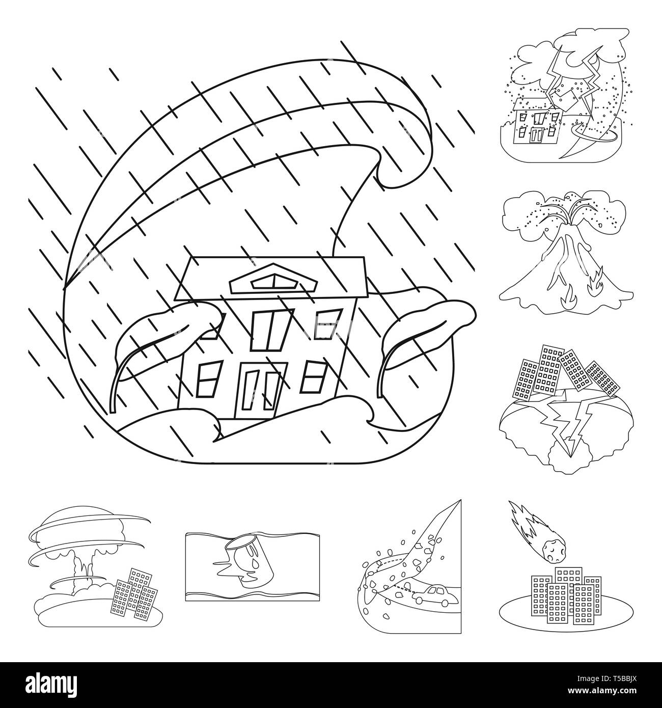Vector illustration of cataclysm and disaster sign. Collection of ...
