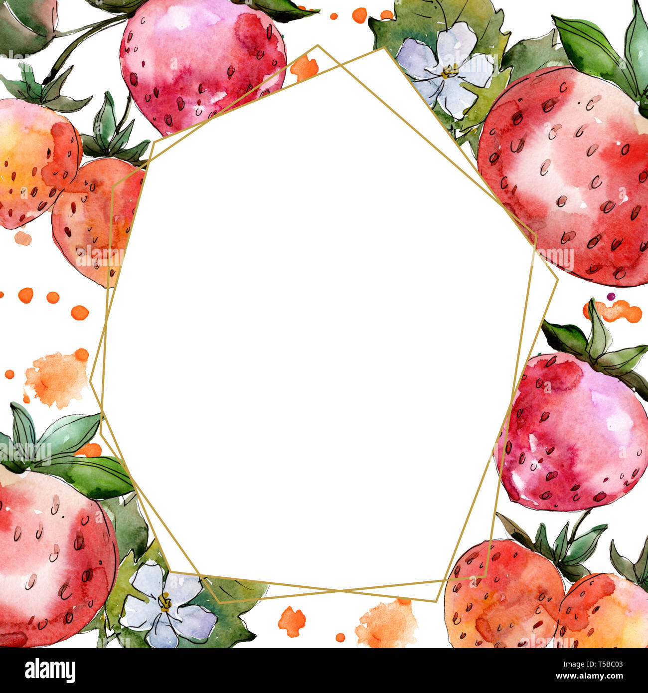 Strawberry healthy food. Watercolor background illustration set. Frame