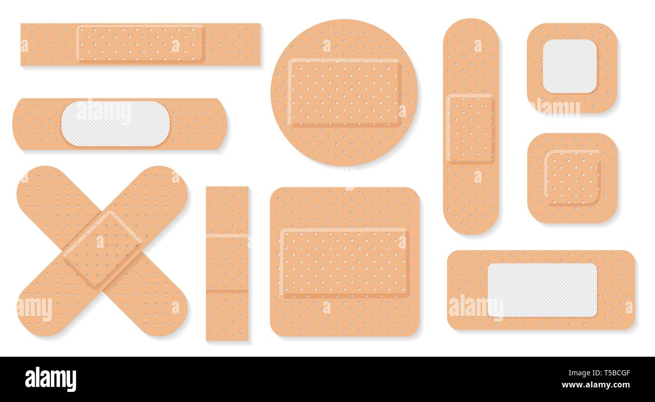 Medical Patch Vector. Two Sides. Adhesive Waterproof Aid Band Plaster  Strips Varieties Icons Collection. Realistic Illustration Isolated On White  Stock Vector Image & Art - Alamy