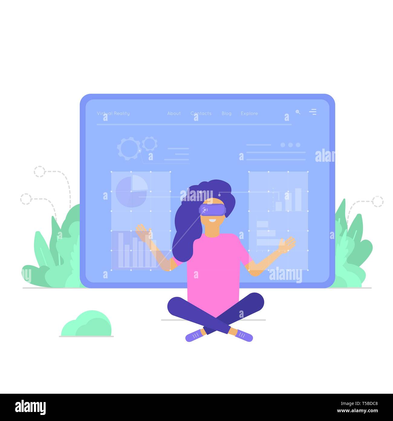 Virtual reality concept for landing page design with character of woman wearing goggle headset and touching vr interface, learning and interacting wit Stock Vector