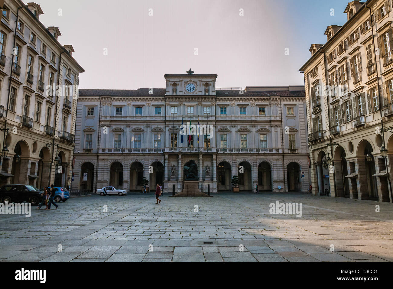 City Hall and City Hall Square, and Monument of Conte Verde in the historical downtown Turin Stock Photo