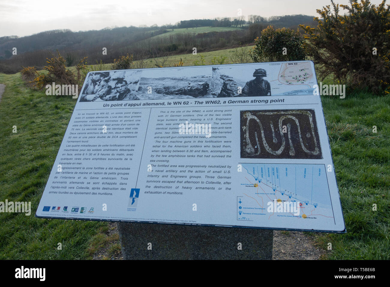 Colleville-sur-Mer, Omaha Beach, Normandy France, March 28,2019, Remains of the important german Strongpoint WN62, which was totally destroyed during Stock Photo