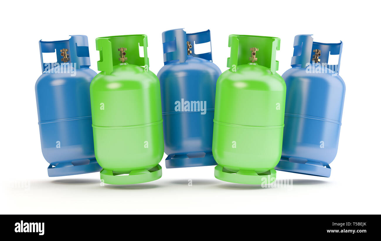 Blue and green gas bottles, 3D illustration Stock Photo