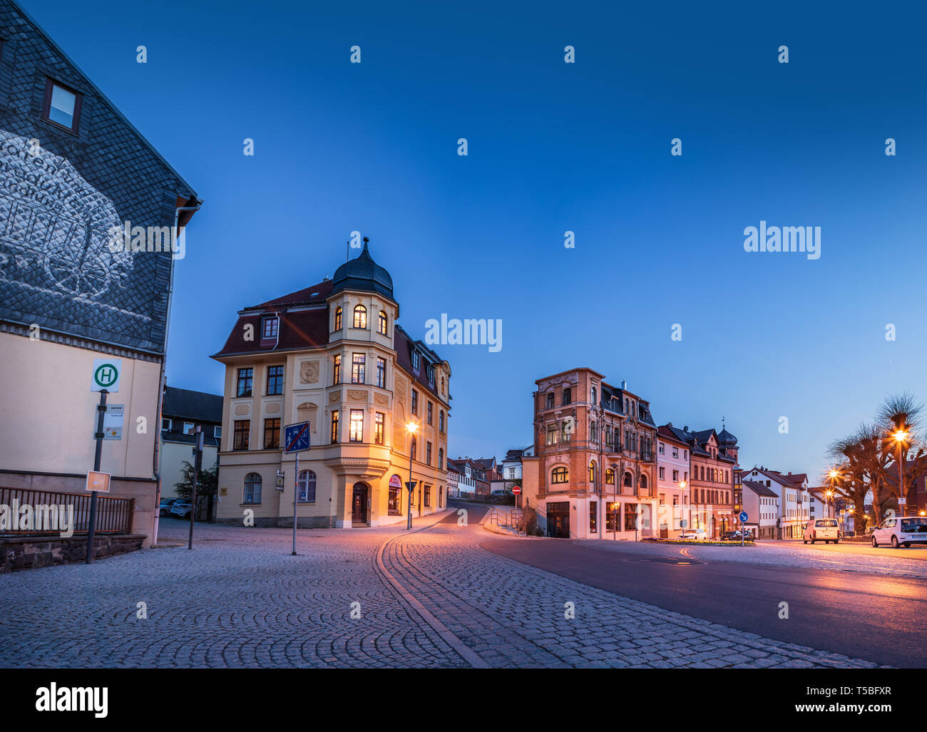 SONNEBERG, GERMANY - CIRCA APRIL, 2019:  Unterer Markt alias Lower Market of Sonneberg town in the evening, Thuringia, Germany Stock Photo