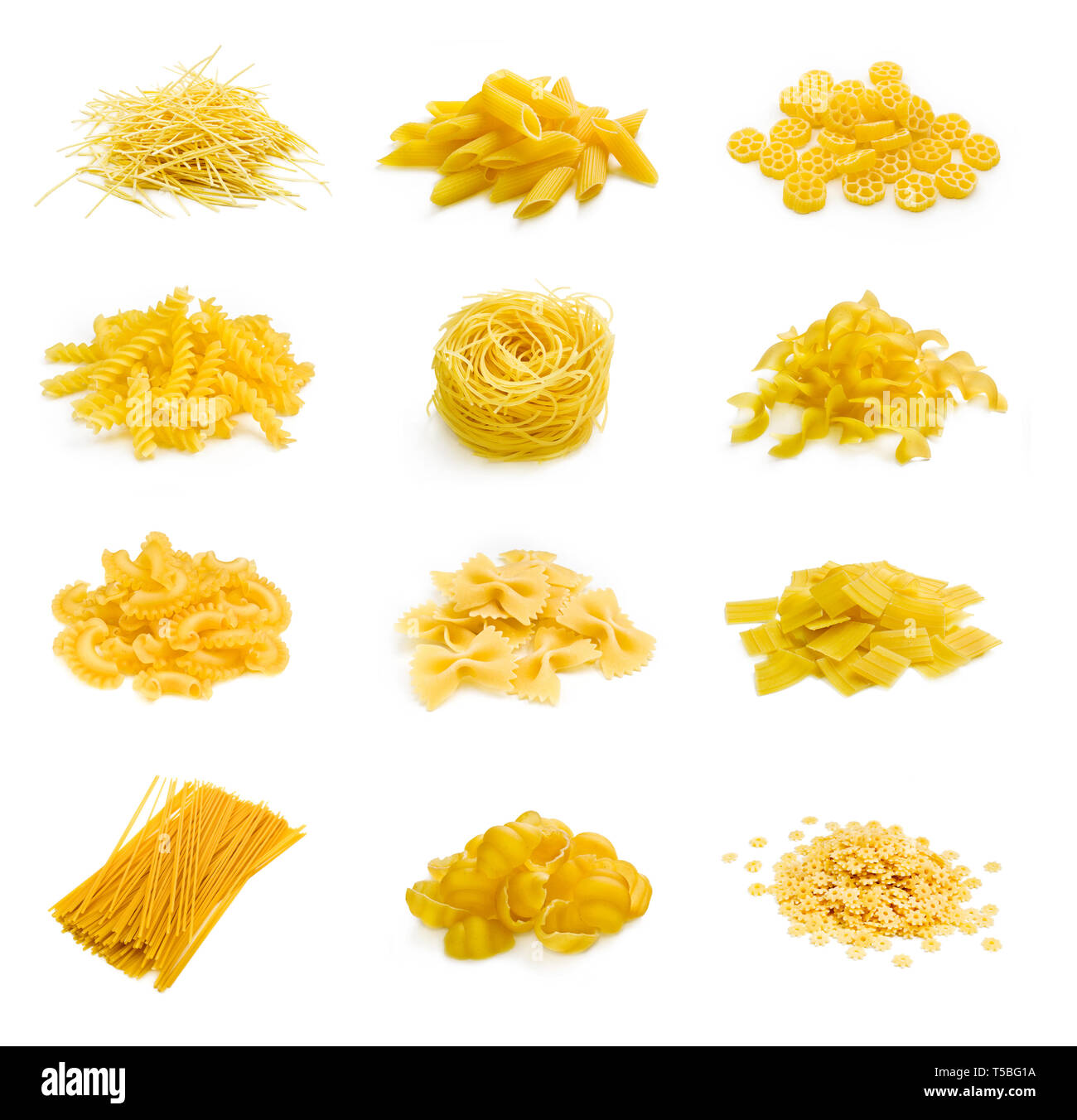 Big collection of italian pasta portion isolated on white background