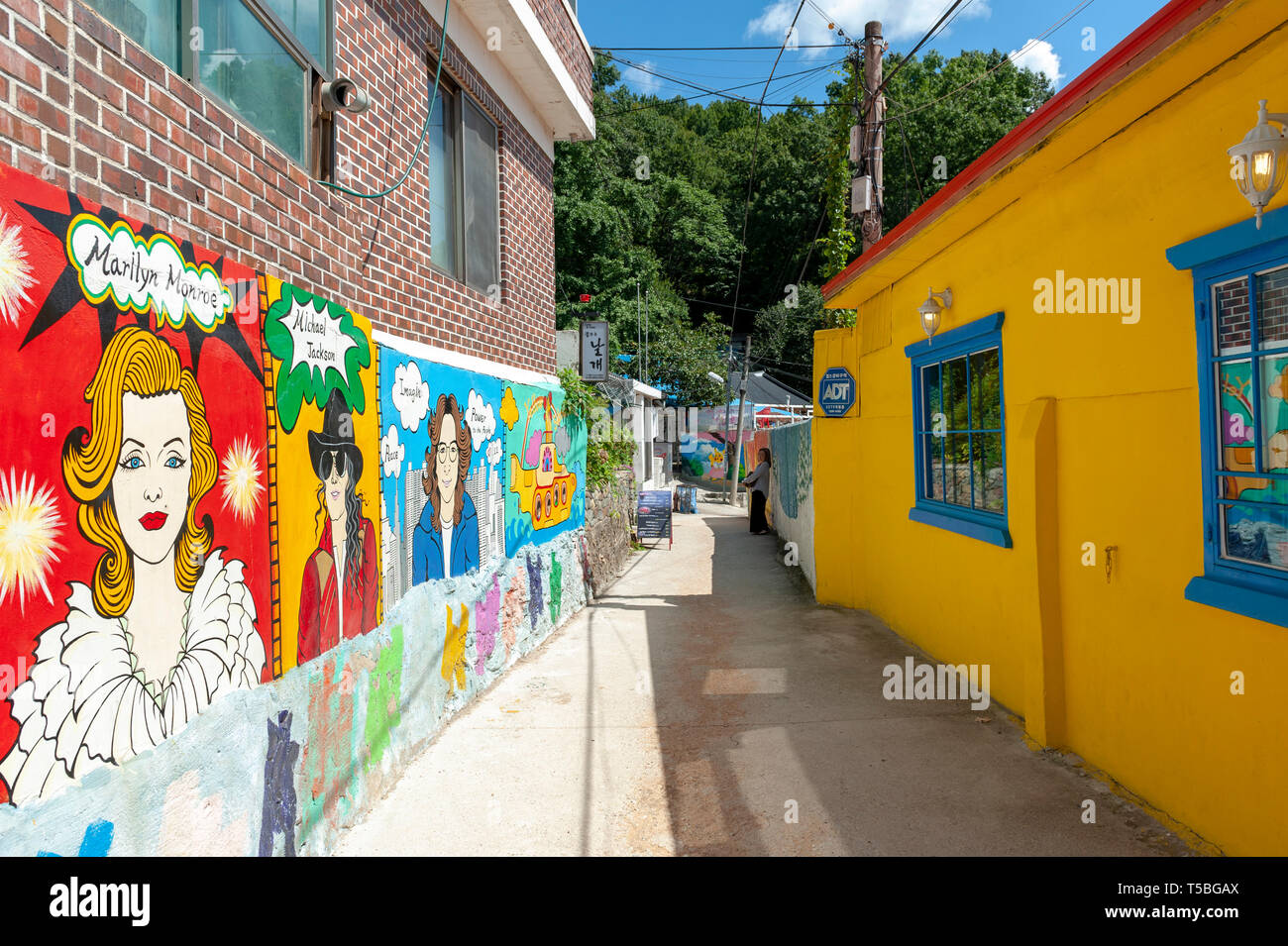 Colourful paintings and decorations on walls and buildings at Jaman Mural Village, located near Jeonju Hanok Village in Jeonju, South Korea Stock Photo