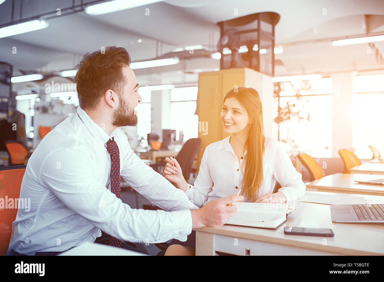 Business Conversation Of Skilled Male And Female Colleagues In Sunny ...
