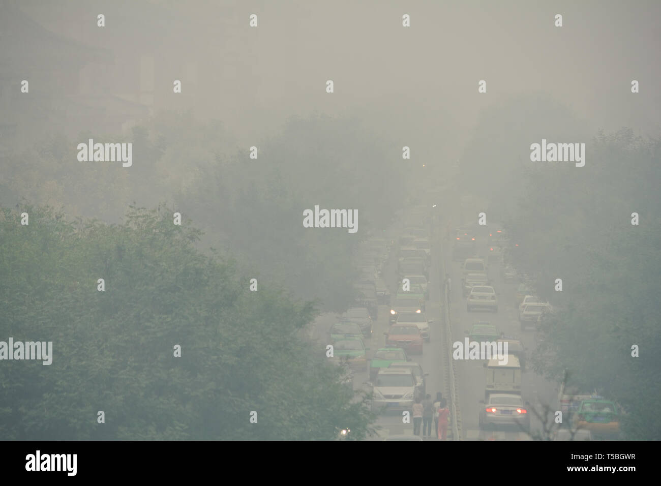 Traffic jam and smog in xi'an Central Business District Stock Photo