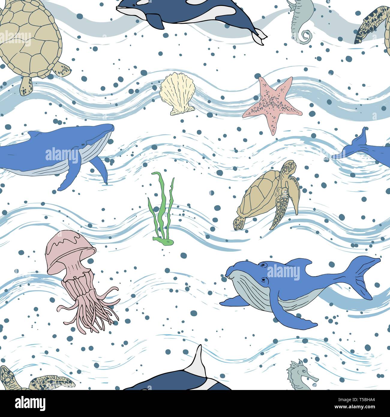 Seamless pattern maritime theme on grunge stripes background. Whales, jellyfish, sea turtle and other elements are painted by hand. Vector illustratio Stock Vector