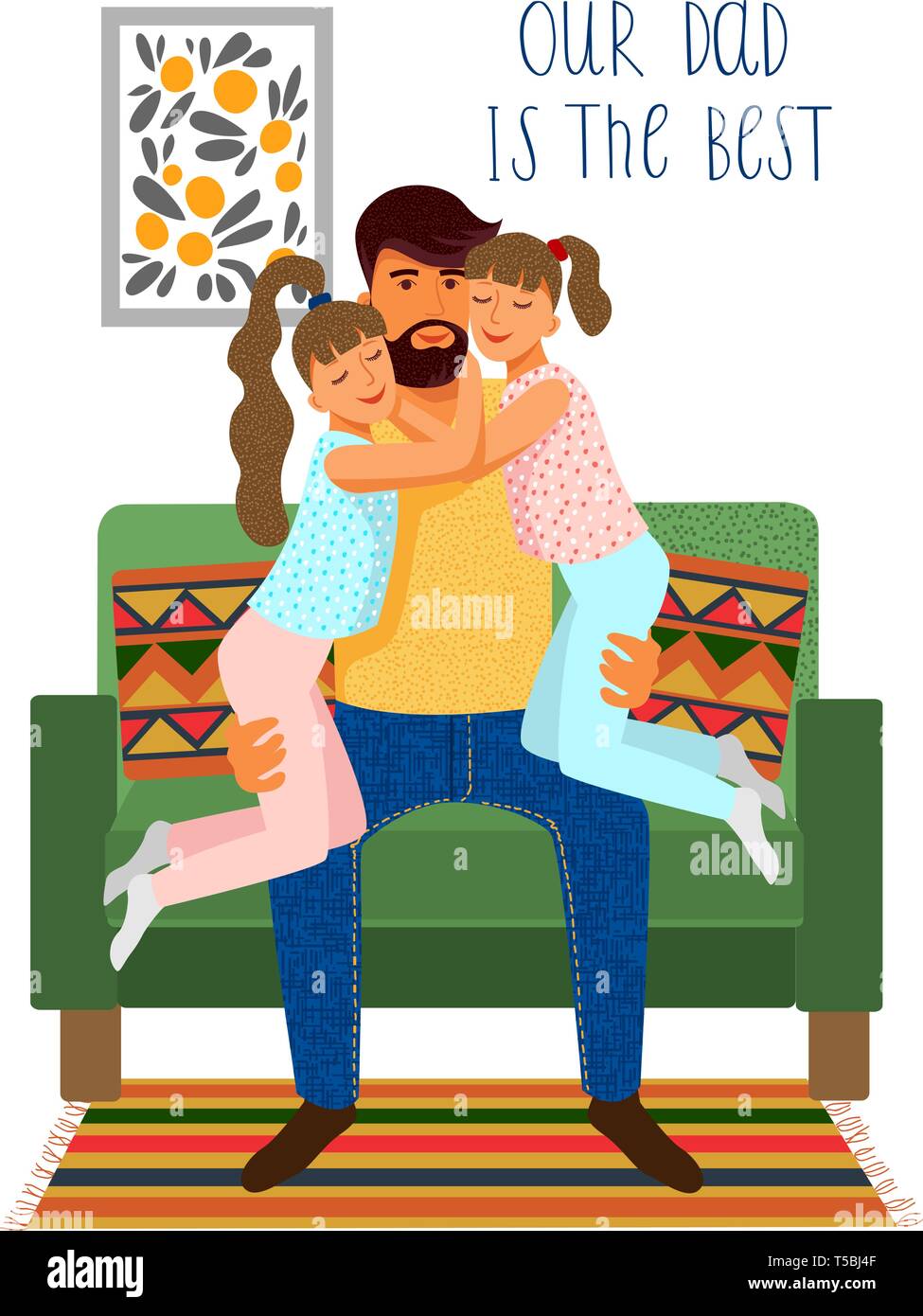 Our dad is the best. Cute flat cartoon father and Two daughters on the sofa isolated on a white background with text. Vector Stock Vector