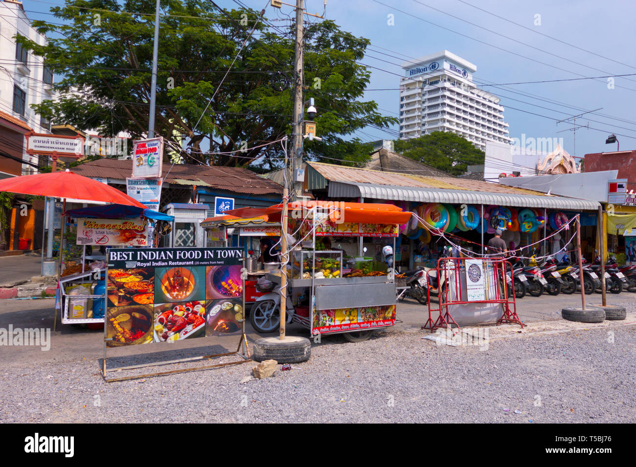 Restaurants, vehicle rental places, Soi Damnoen Kasam, Hua Hin, Thailand Stock Photo