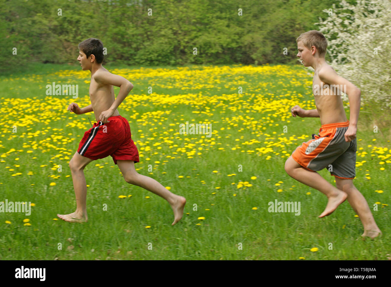 two teenage boys running barefoot through a maedow Stock Photo - Alamy