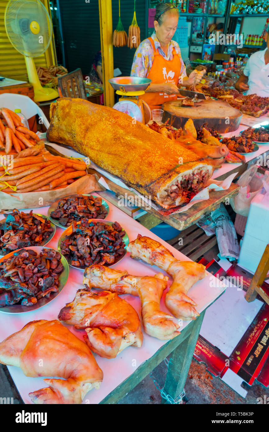 Pig meat, butcher's stall, Wet and Dry market, Trang, Thailand Stock