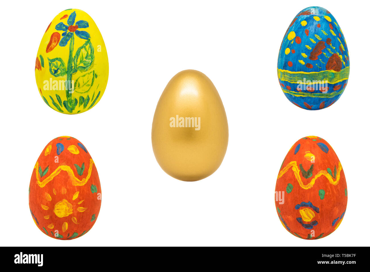 Isolate Easter eggs with color ornament ang gold egg in center Stock Photo