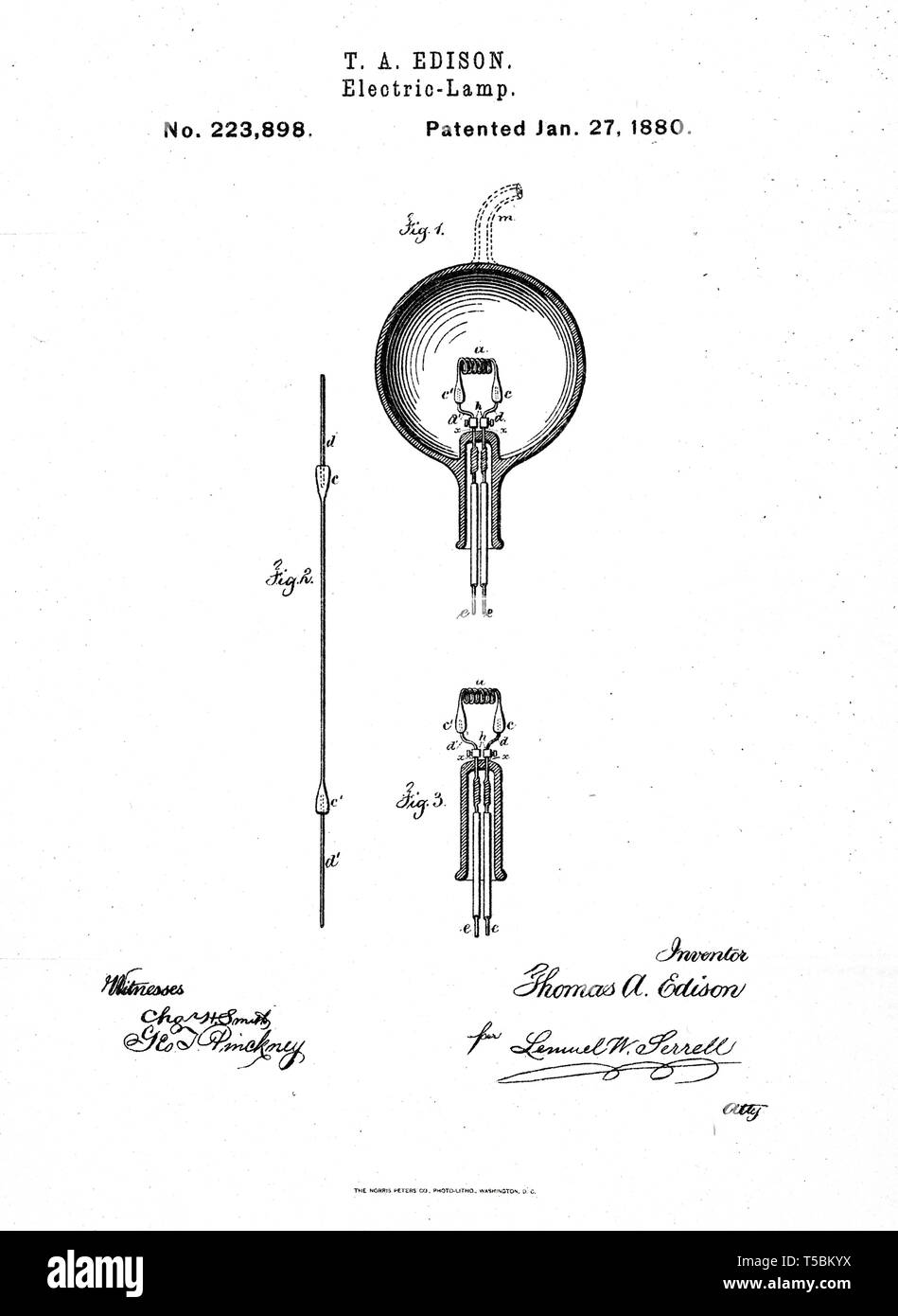 Thomas Edison, illustration of the Incandescent Light Bulb invention by Thomas Edison, 1880 Stock Photo