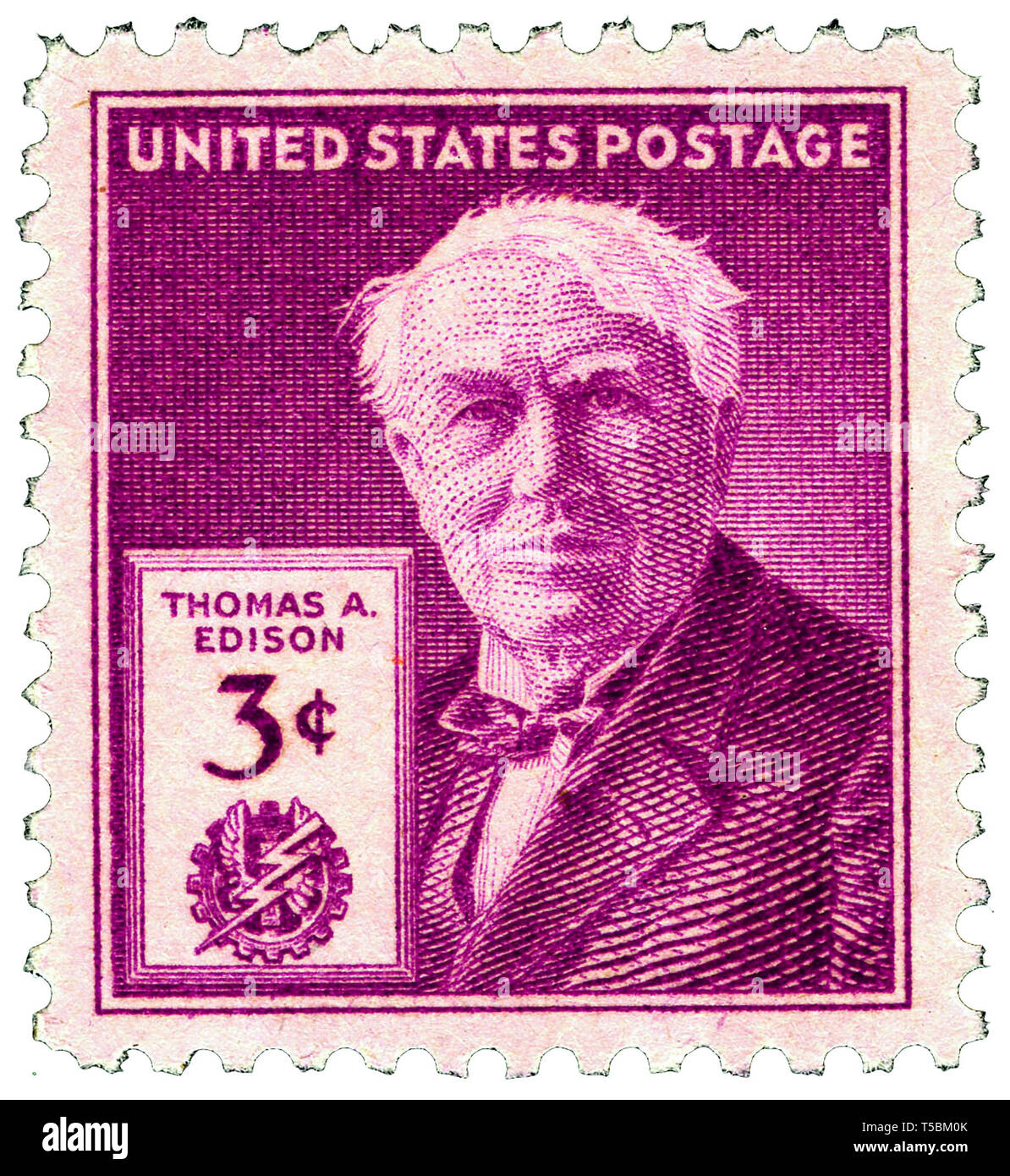 Thomas Edison (1847-1931) 3-cent 1947 issue U.S. stamp, released to mark the 100th anniversary of his birth, 11 February 1947, US Postal Service Stock Photo