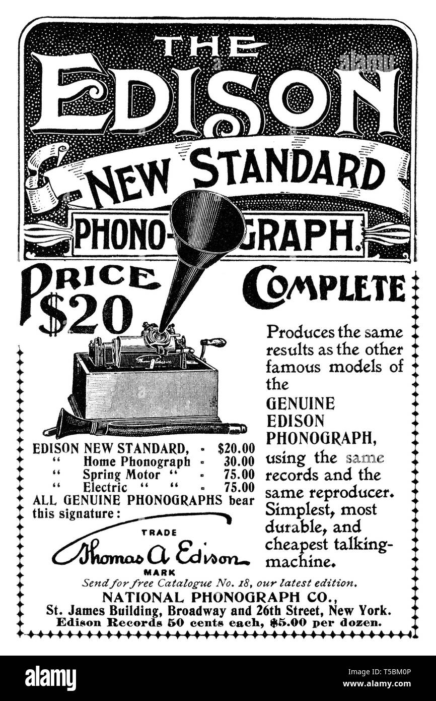 Advertisement for the Thomas Edison New Standard Edison Phonograph, 1898 - Source: 'The Century Illustrated Monthly Magazine' Vol. LVI, No. 6, October, 1898 Stock Photo