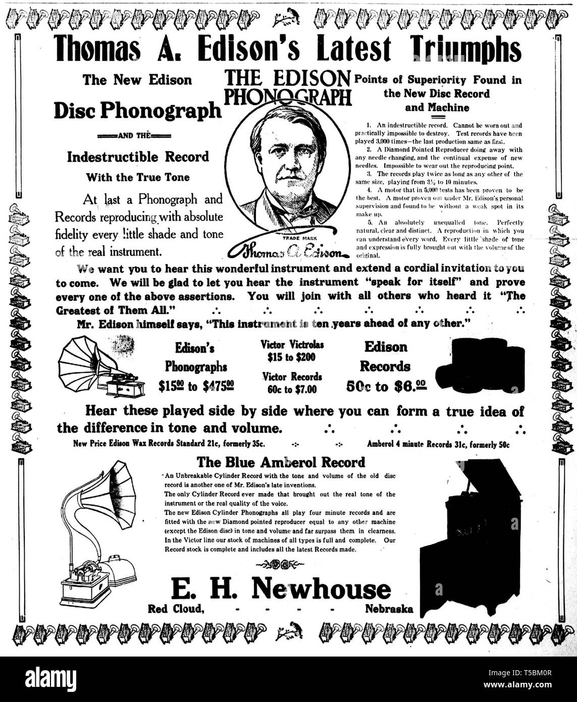 Newspaper Advertisement for Thomas Edison's  New Disc Phonograph and Blue Amberol Cylinder, 1913 Stock Photo