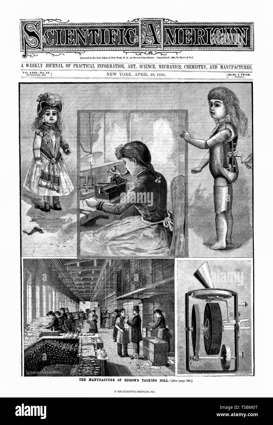 Cover of the Scientific American journal, 26 April 1890 with a feature on the manufacture of Thomas Edison's Talking Doll Stock Photo