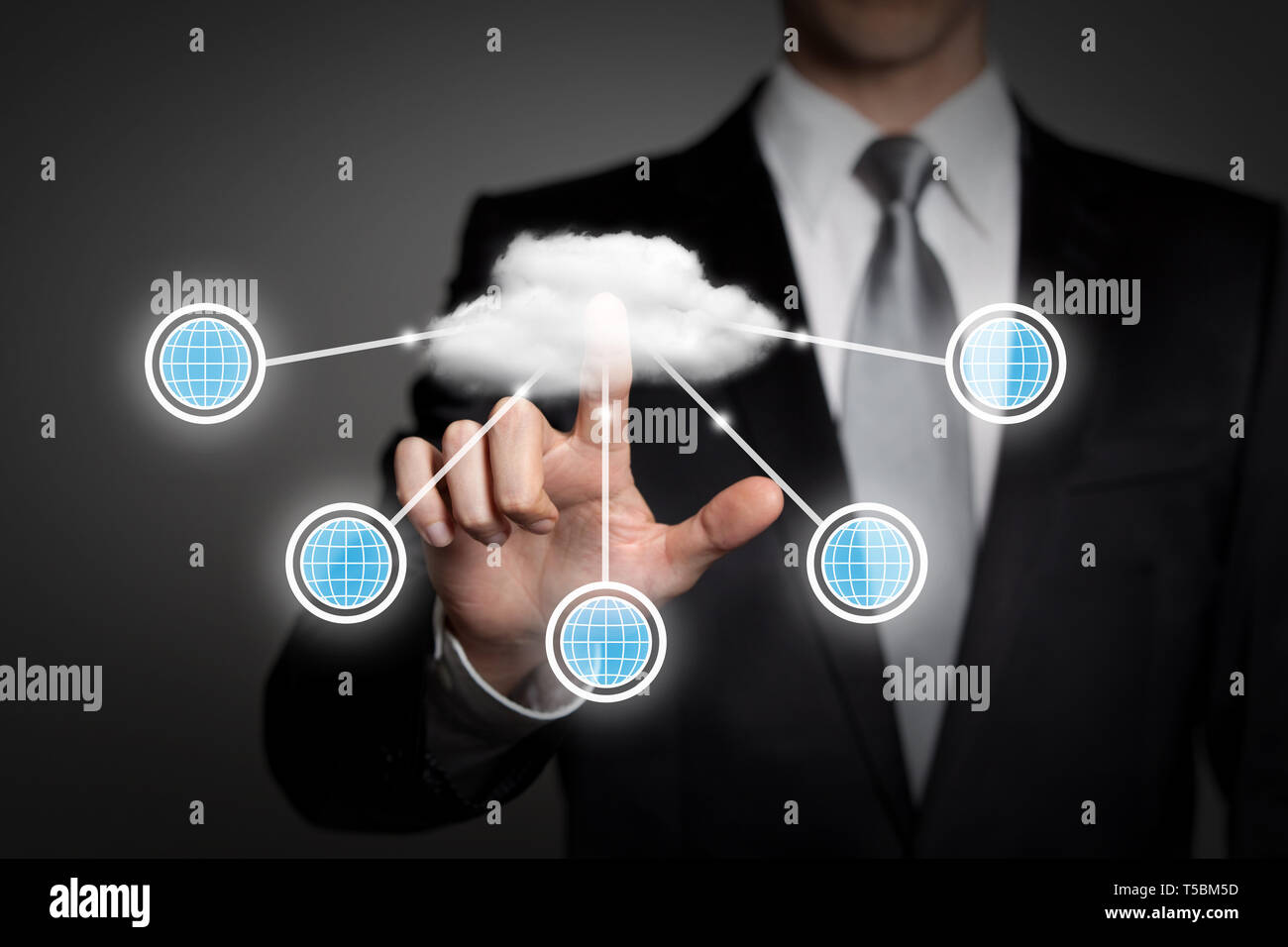 internet, technology, network, business concept - businessman in suit presses virtual touchscreen interface - cloud computing Stock Photo