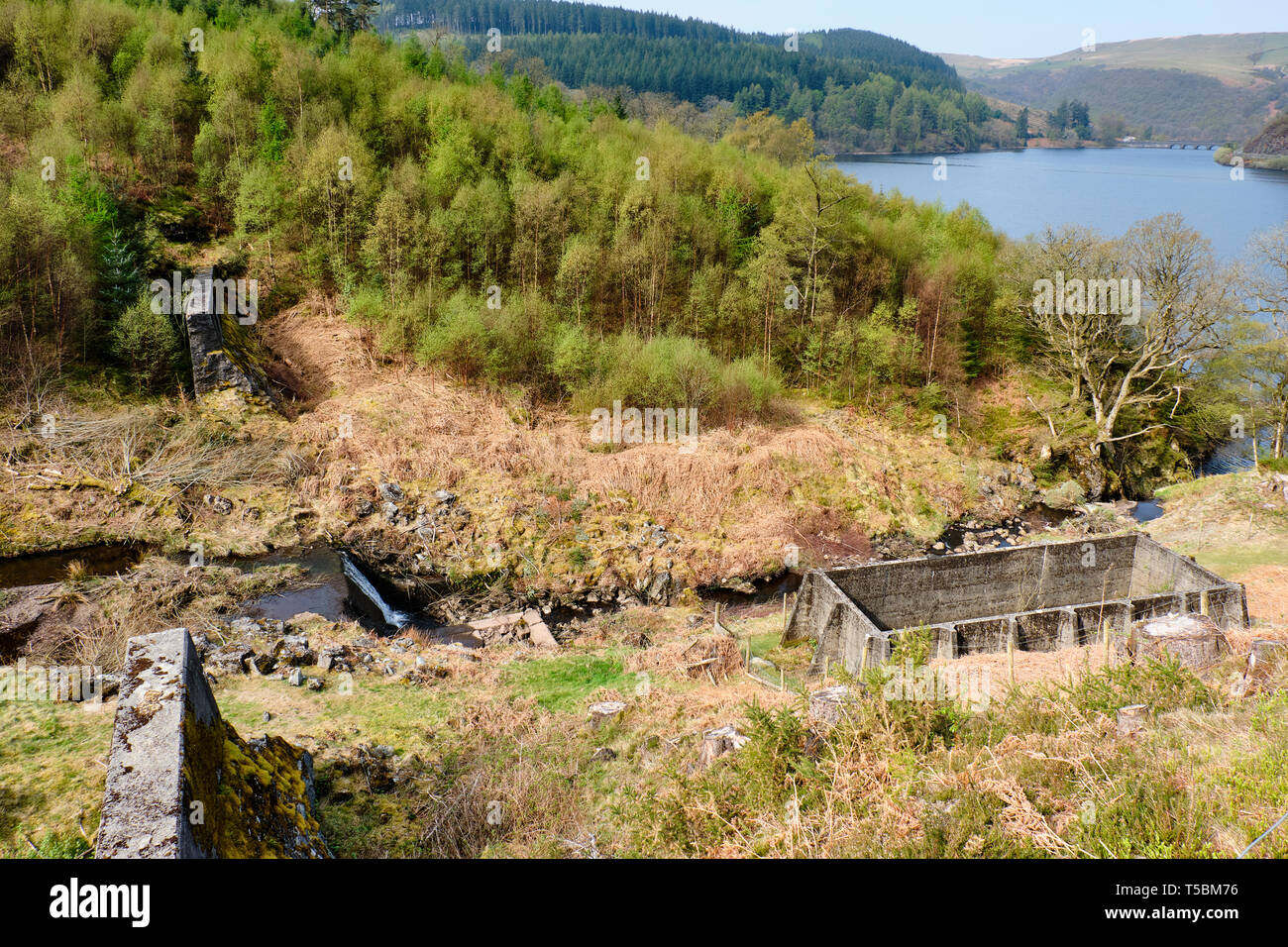 The ruins of Nant y Gro dam beside Cabancoch Reservoir at Elan Valley, Powys, Wales Stock Photo