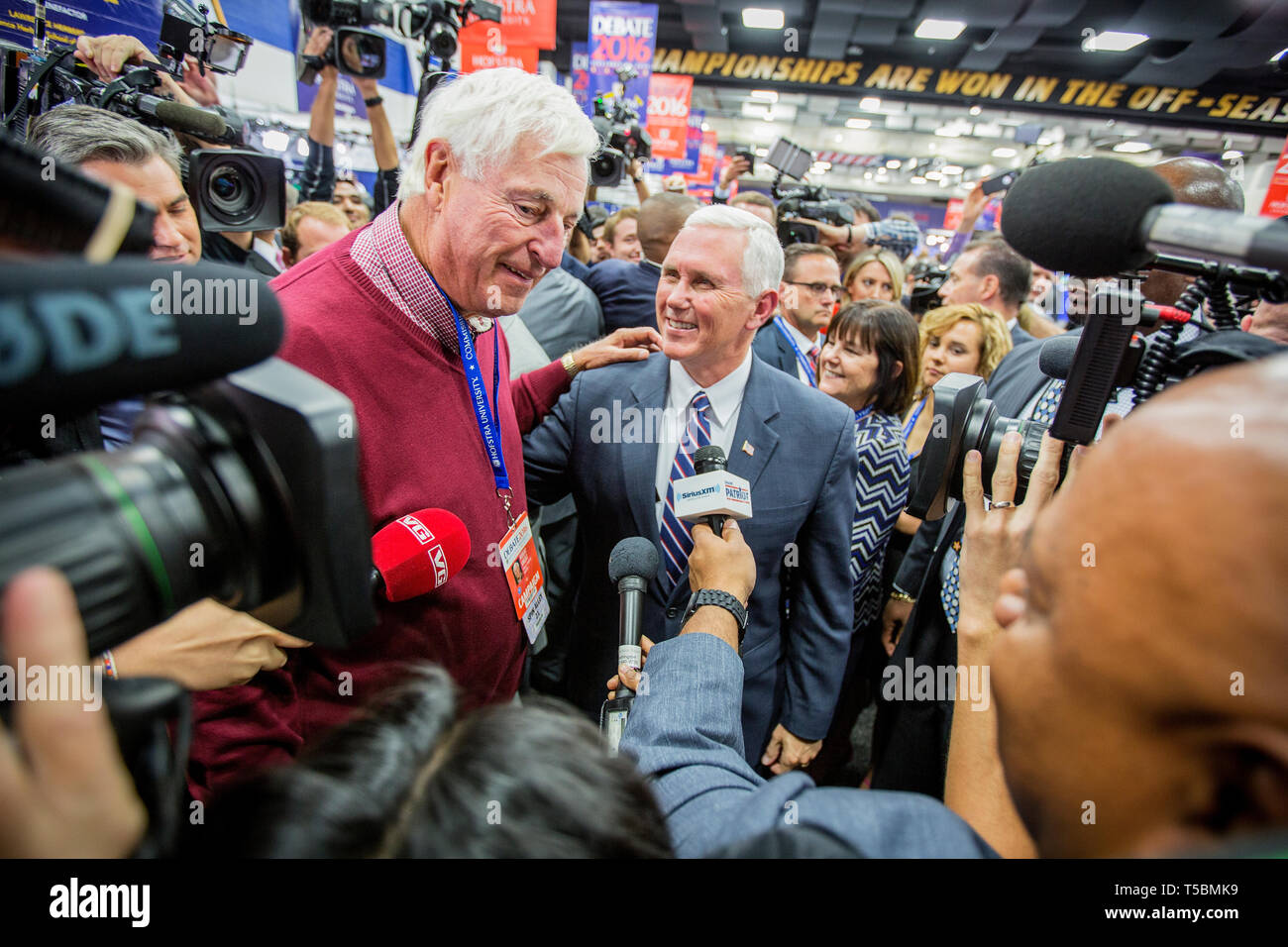 Bob Knight, a.k.a. 'The Coach', with Trumps running mate Mike Pence ahead of the debate. The Democrate and Republican nominees for US President, Hillary Rodham Clinton and Donald John Trump, met on Sep. 26th for the first head to head Presidential Debate at the Hofstra University in Long Island. Stock Photo