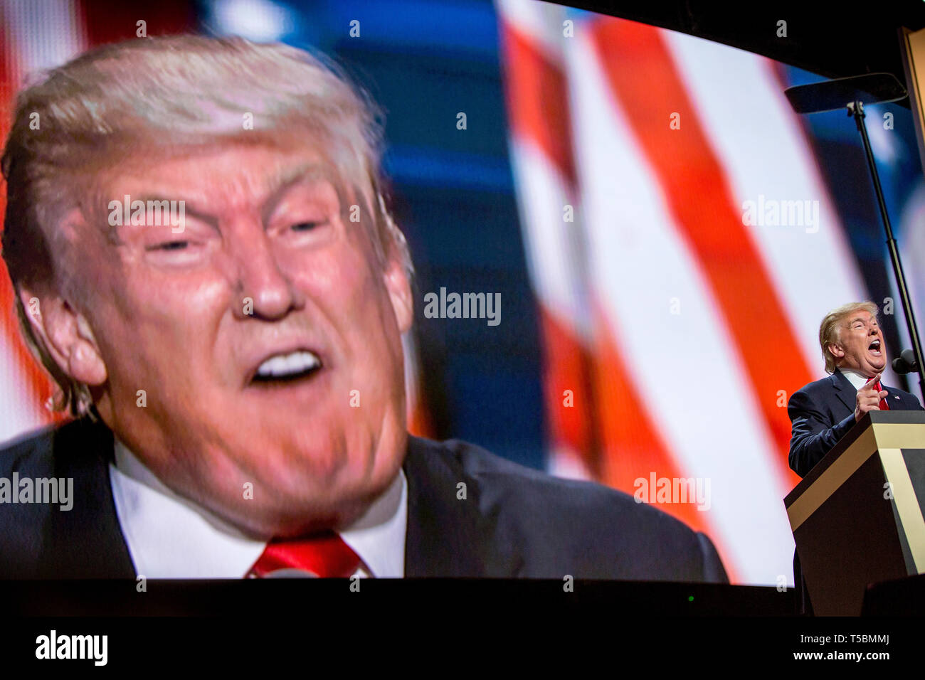 Donald J. Trump holds his acceptance speech at the Republican National Convention in Cleveland, after being nominated as the GOP Presidential candidate for the 2016 Presidential Election. Stock Photo
