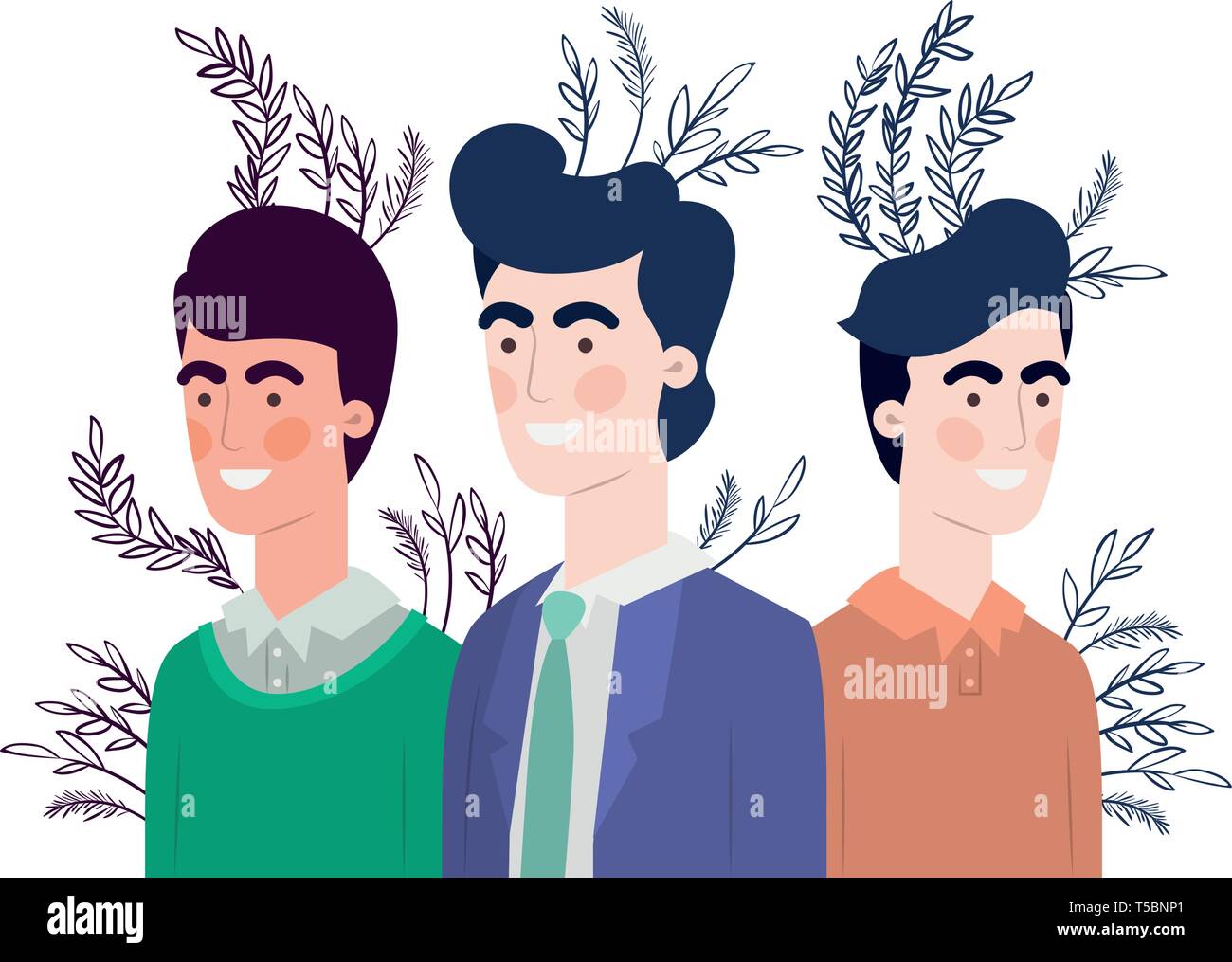 young men with branch with leaf character Stock Vector