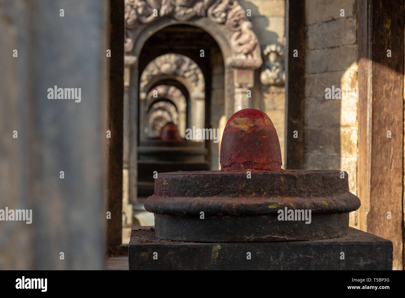 One of the numerous Shiva lingam found at the Pashupatinath temple complex, at the end of the afternoon of spring sunny day Stock Photo