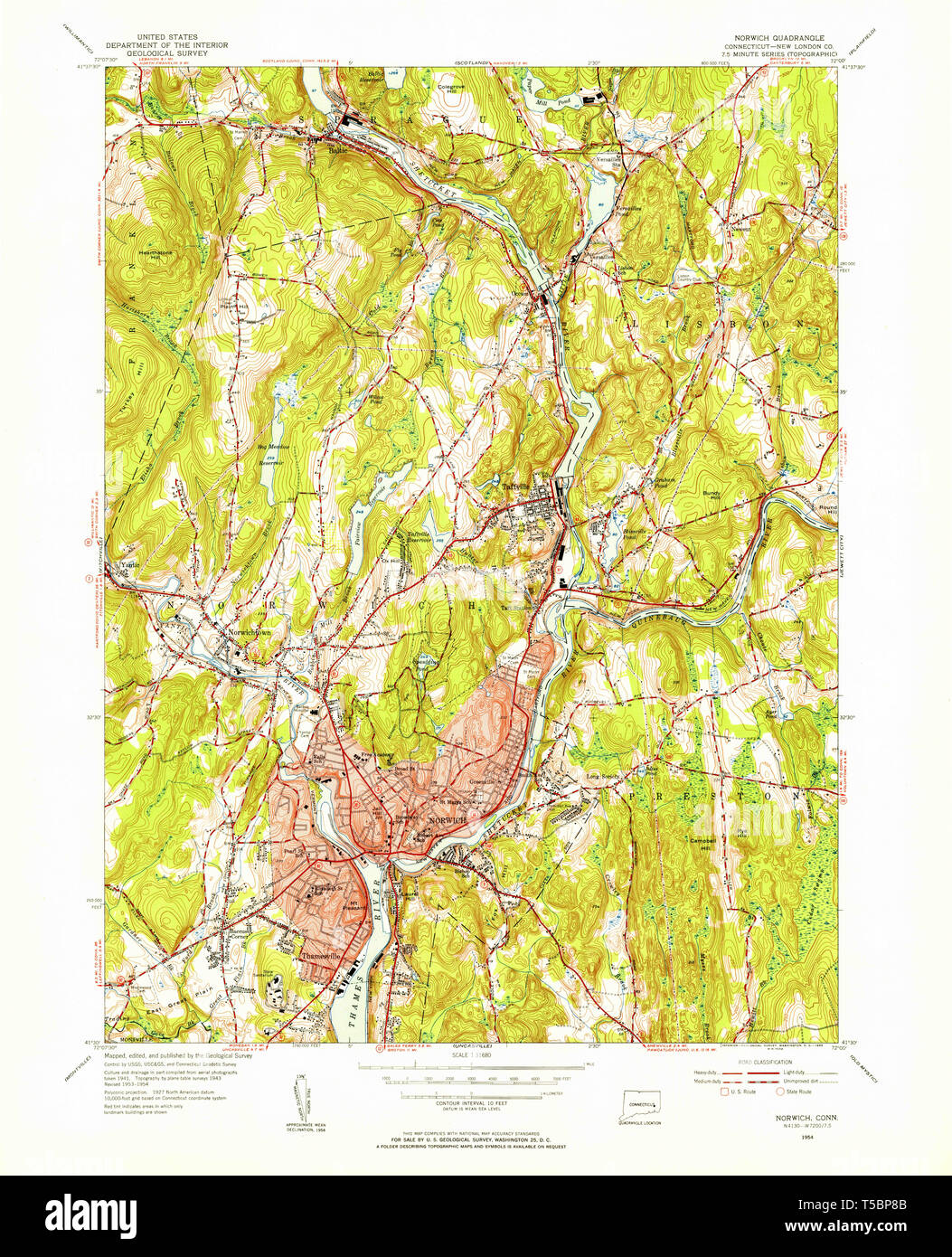 USGS TOPO Map Connecticut CT Norwich 330974 1954 31680 Restoration Stock Photo