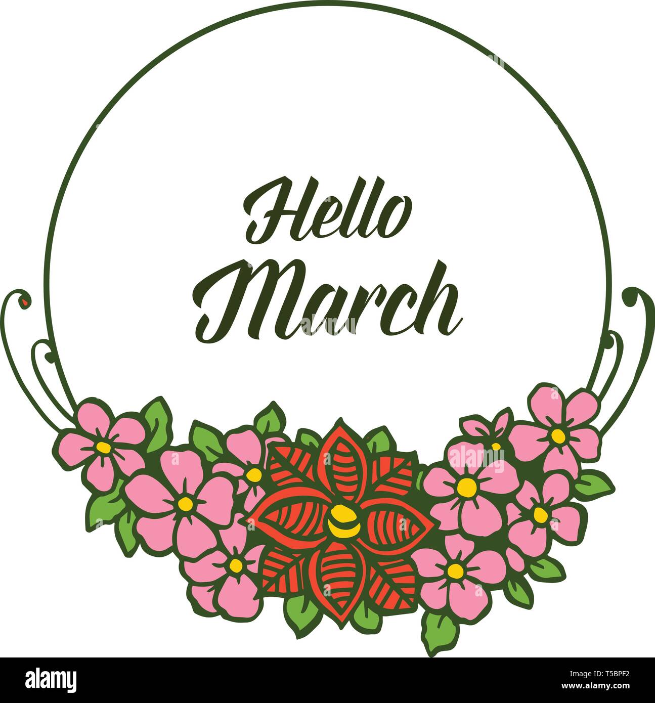 Hello March Vector Vector illustration pink flowers frame with lettering hello march hand ...
