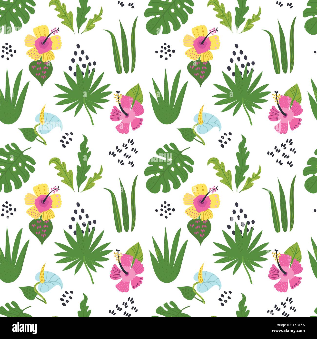 Seamless pattern with tropical leaves and flowers Stock Vector Image ...