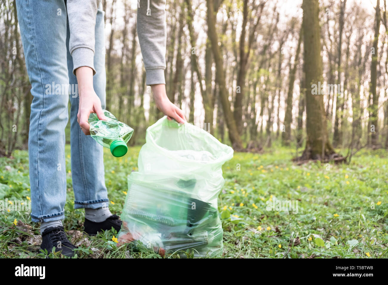 Cleaning-up the forest of plastic garbage. Person picks up a plastic bottle in the woods, concept of plastic awareness activism. Stock Photo